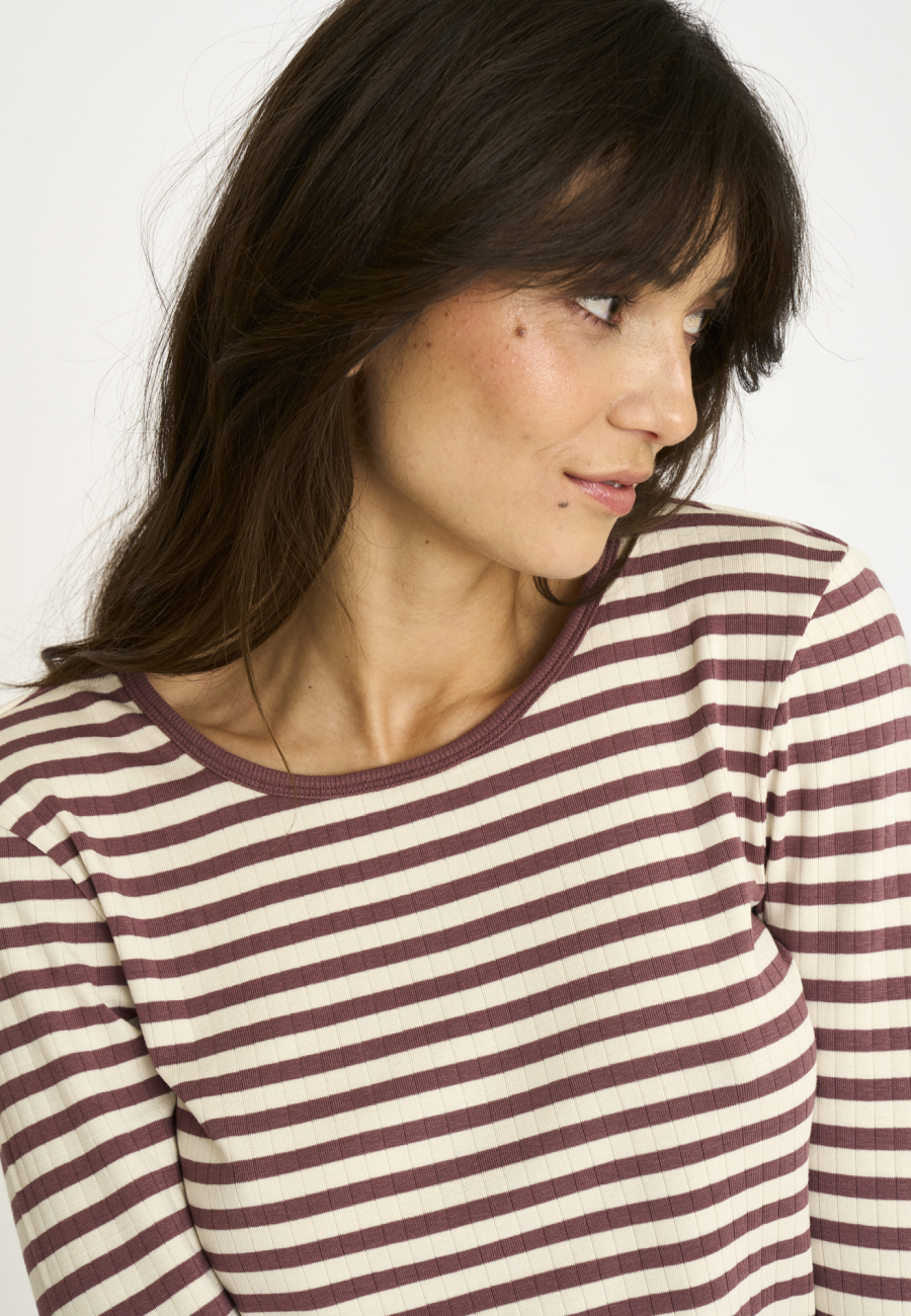 Langærmet T-shirt "rib" | Bambusviskose | Mørk rosastribet -JBS of Denmark Women