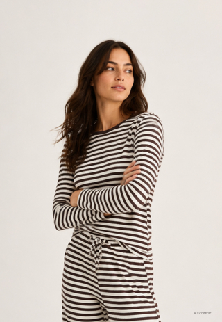 Rib langærmet t-shirt | Bambusviskose | Brun stribet -JBS of Denmark Women