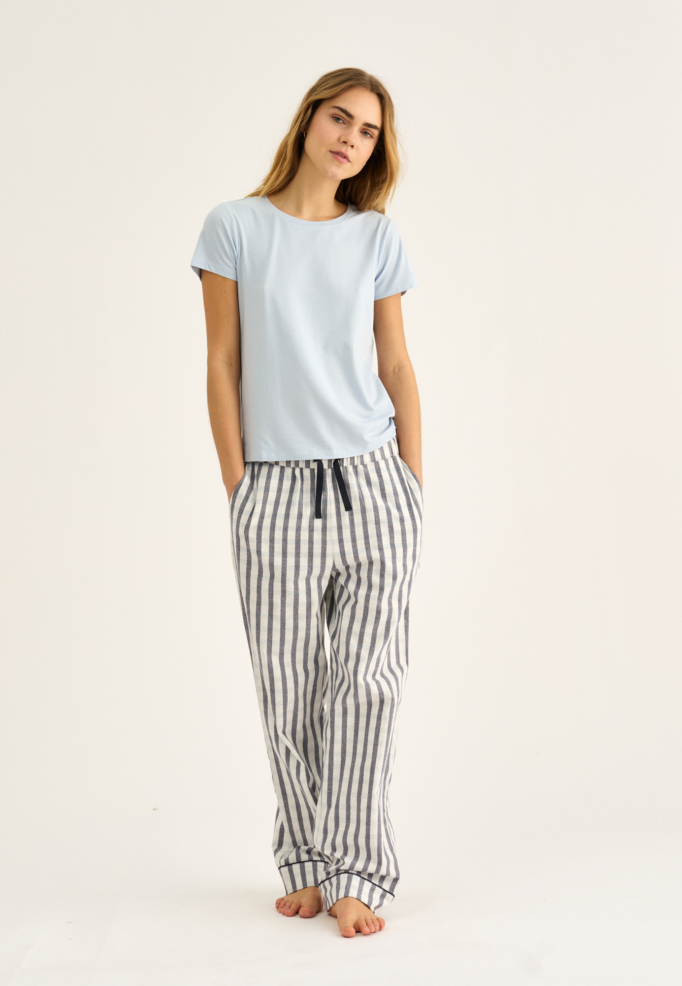 Pyjamasbukser, 100% økologisk bomuld, Navy stribet