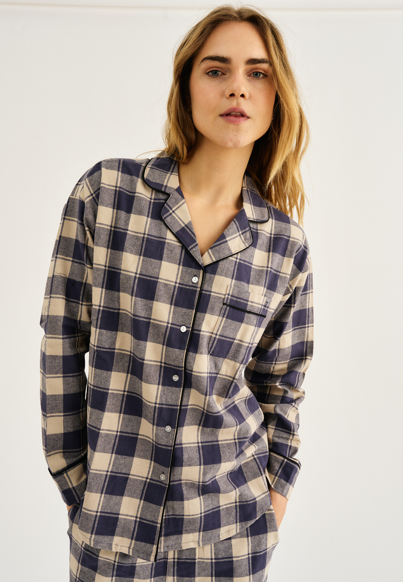 Pyjamasskjorte, 100% økologisk bomuld, Navy ternet