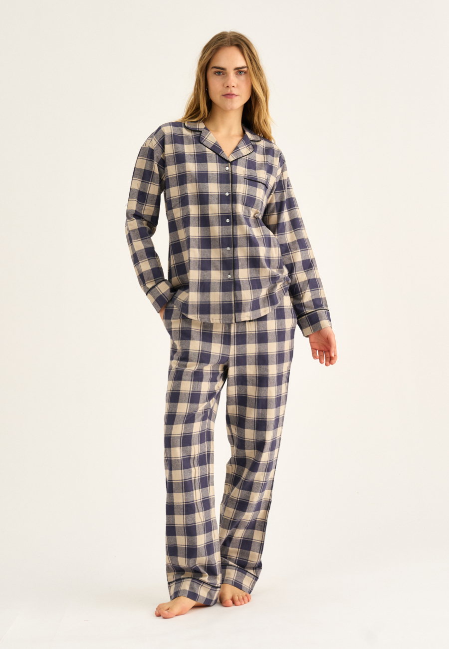 Pyjamasbukser, 100% økologisk bomuld, Navy ternet